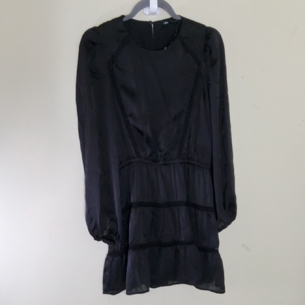 Zara Black Satin Long Sleeve Dress Size S